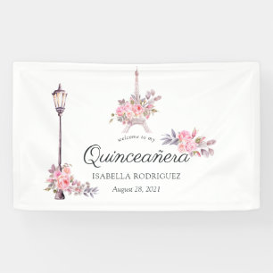Pink Floral Watercolor Vintage Paris Quinceañera Banner