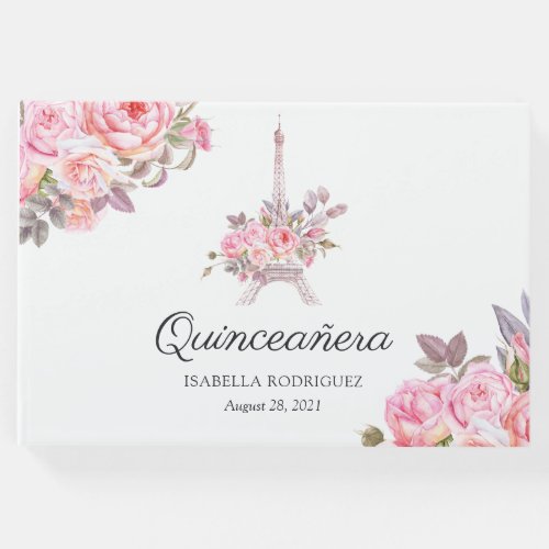 Pink Floral Watercolor Vintage Paris Quinceanera Guest Book