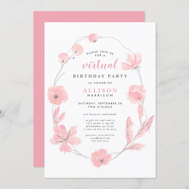 Pink Floral Watercolor Virtual Birthday Party Invitation (Front/Back)