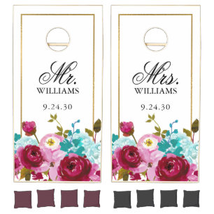 Pink Floral Watercolor Wedding Name Cornhole Set