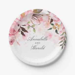 Pink Floral Watercolor Wedding Paper Plates