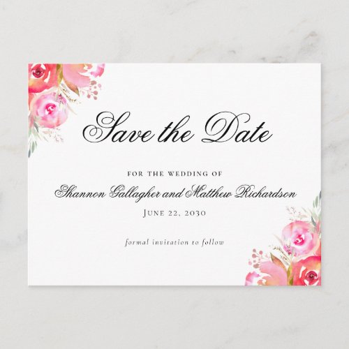 Pink Floral Watercolor Wedding Save the Date Announcement Postcard