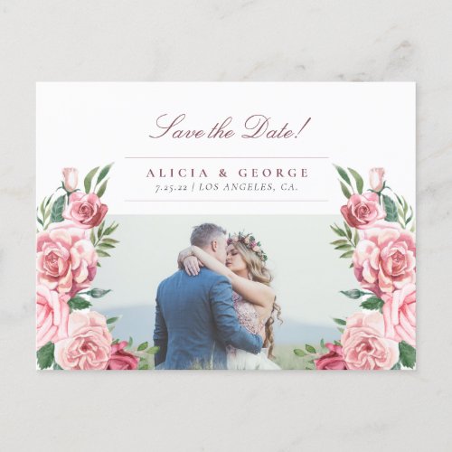 Pink floral watercolor wedding save the date announcement postcard