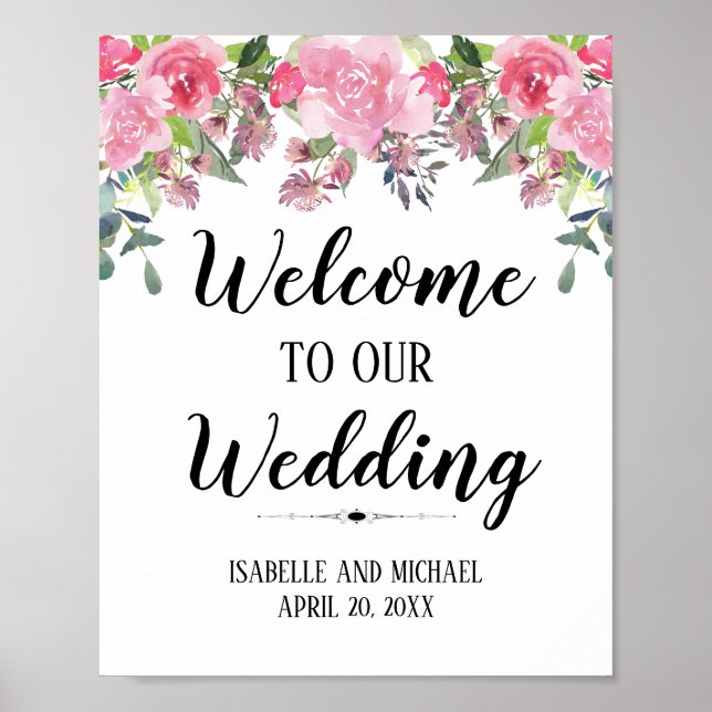 Pink Floral Watercolor Welcome Wedding Sign (Front)
