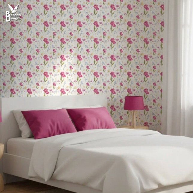 Pink Floral Watercolor Wildflower Wallpaper (Pretty Pink Wildflower Wallpaper. Ideal diy spring decor for feminine bedroom. Matching available.)