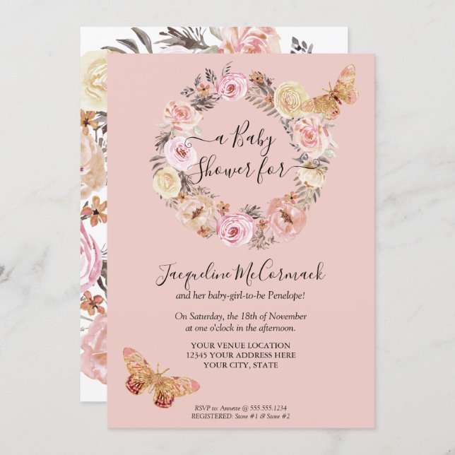 Pink Floral Watercolor Wreath  Butterfly Baby Girl Invitation (Front/Back)