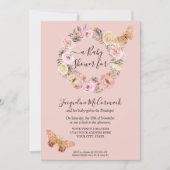 Pink Floral Watercolor Wreath  Butterfly Baby Girl Invitation (Front)