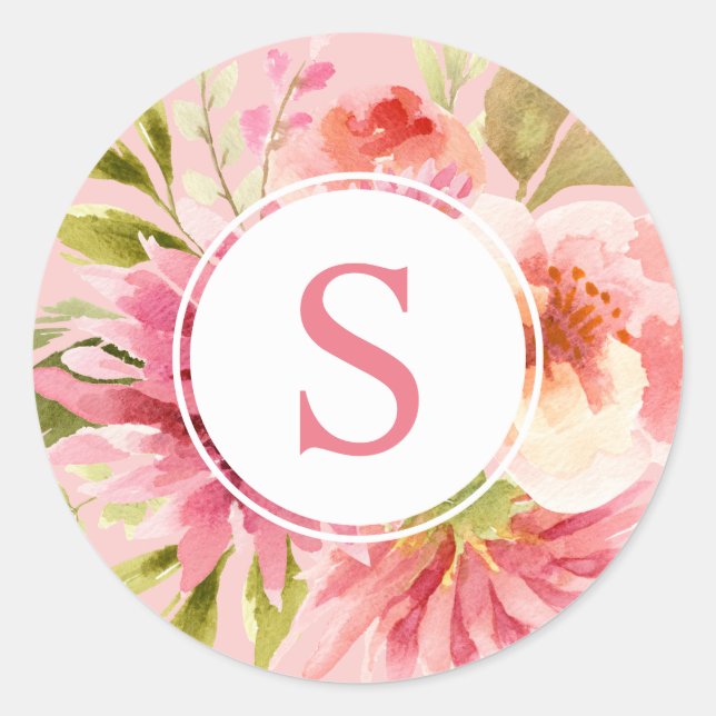 Pink Floral Watercolor Wreath Monogram Classic Round Sticker (Front)