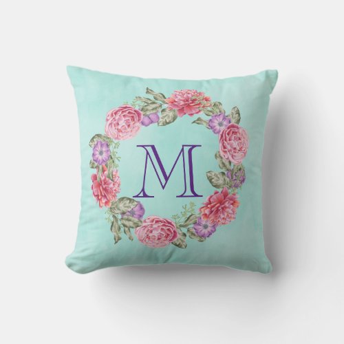 Pink Floral Watercolor Wreath Monogram Initial Throw Pillow