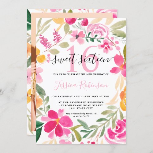 Pink floral watercolor wreath script Sweet 16 Invitation