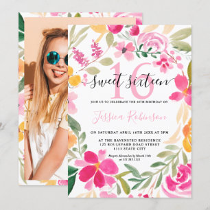 Pink floral watercolor wreath script Sweet 16 Invitation