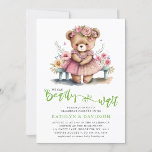 Pink Floral We Can Bearly Wait Girl Baby Shower Invitation