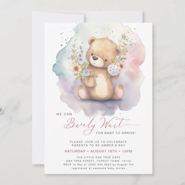 Pink Floral We Can Bearly Wait Girl Baby Shower Invitation (Front)