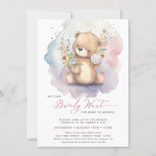 Pink Floral We Can Bearly Wait Girl Baby Shower Invitation