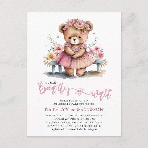 Pink Floral We Can Bearly Wait Girl Baby Shower Invitation Postcard