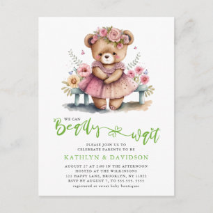 Pink Floral We Can Bearly Wait Girl Baby Shower Invitation Postcard