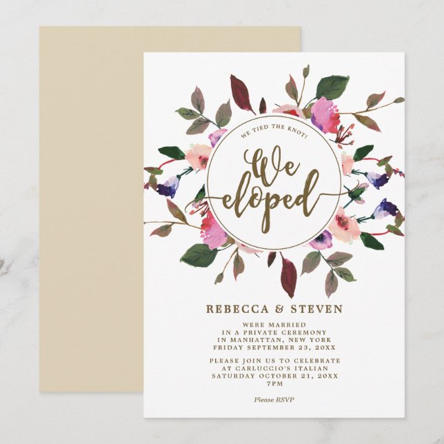pink floral we tied the knot we eloped invitation (Front/Back)