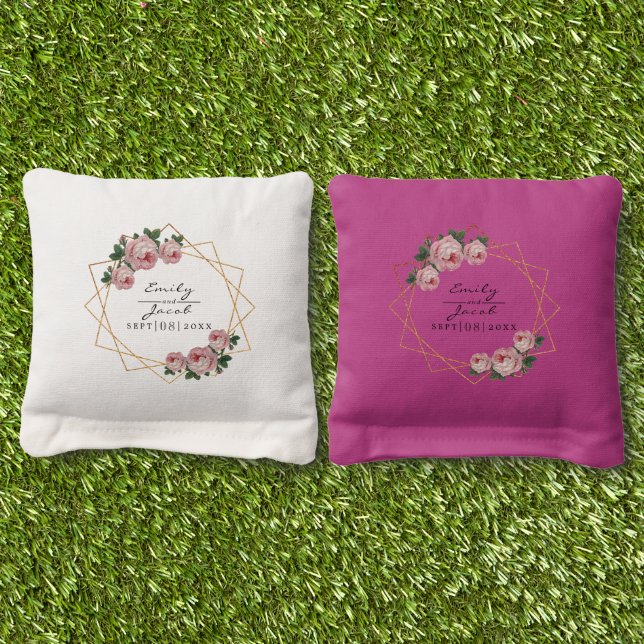 Pink Floral Wed Elegant Gold Glitter Geometric Cornhole Bags (Grass)