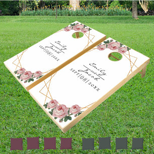 Pink Floral Wed Elegant Gold Glitter Geometric Cornhole Set