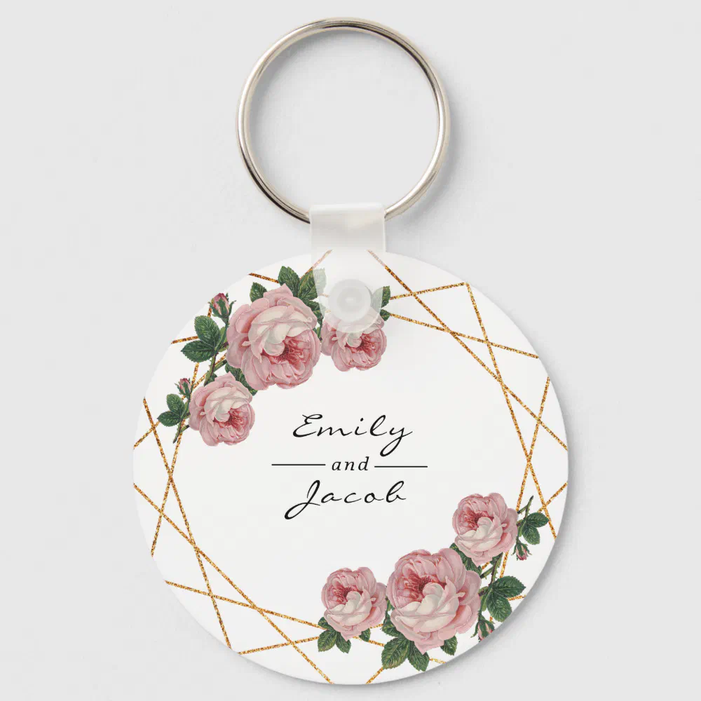 Pink Floral Wed Elegant Gold Glitter Geometric Keychain