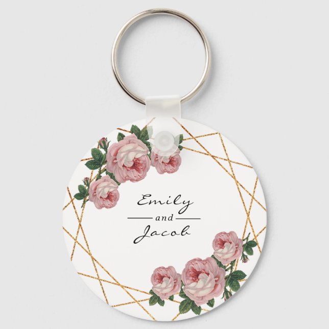 Pink Floral Wed Elegant Gold Glitter Geometric Keychain (Front)