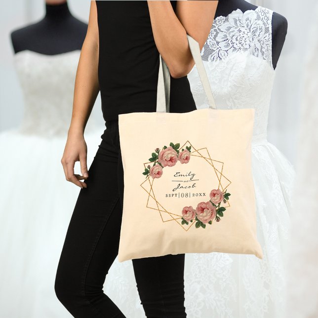 Pink Floral Wed Elegant Gold Glitter Geometric Tote Bag (Pink Floral Wedding Gold gliter Geometric Tote Bag)