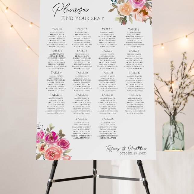 Pink Floral Wedding 18 Table Seating Chart Foam Board (In Situ (Stand))