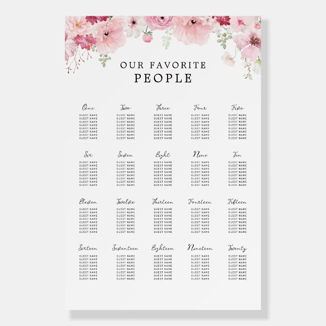 Pink Floral Wedding 20 Table Seating Chart Foam Board (Front)