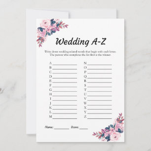 Pink Floral Wedding A-Z Bridal Shower Game Card