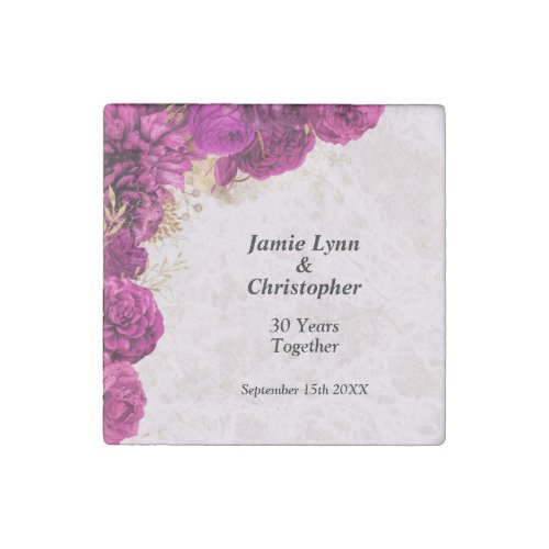 Pink Floral Wedding Anniversary Stone Magnet