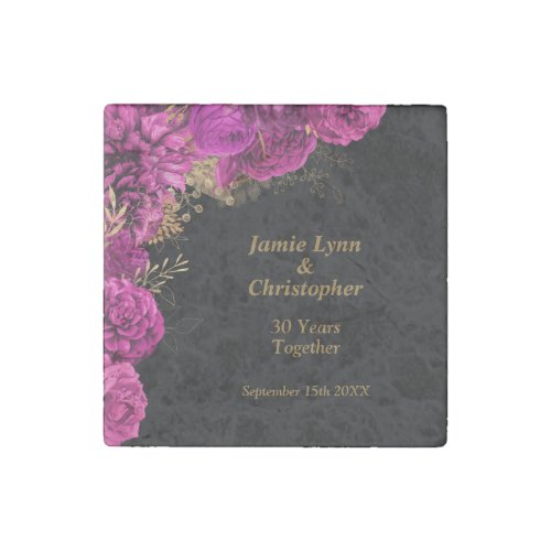 Pink Floral Wedding Anniversary Stone Magnet