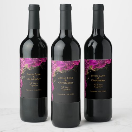 Pink Floral Wedding Anniversary Wine Label