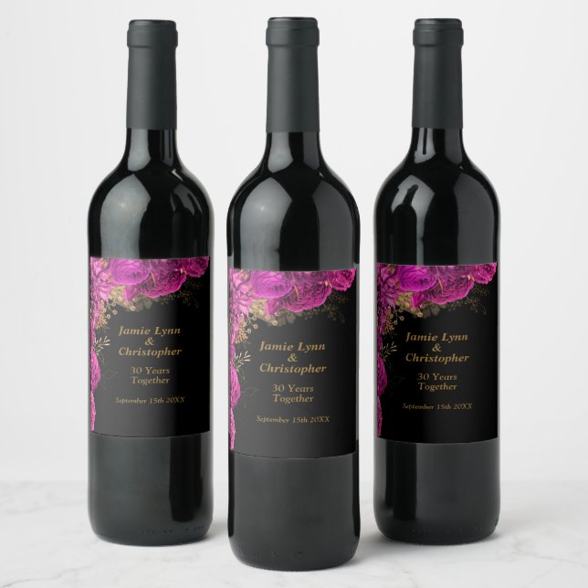 Pink Floral Wedding Anniversary Wine Label (Bottles)
