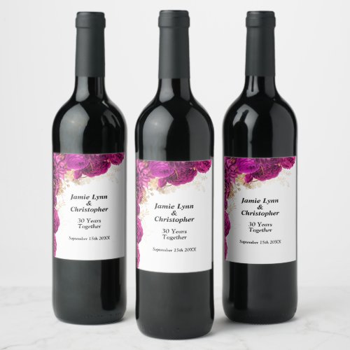 Pink Floral Wedding Anniversary Wine Label