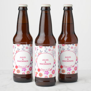 Pink Floral Wedding Beer Bottle Label