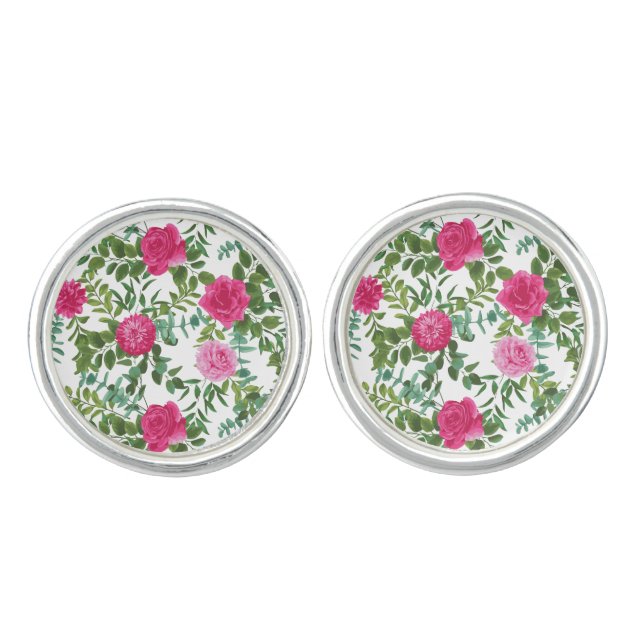 Pink Floral Wedding Bright Spring Cufflinks (Front)