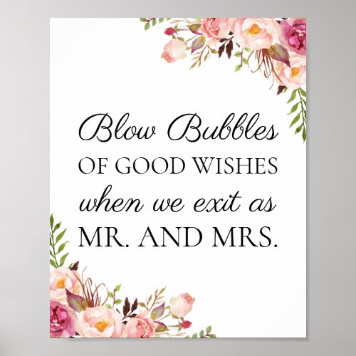 Pink Floral Wedding Bubbles of Good Wishes Sign