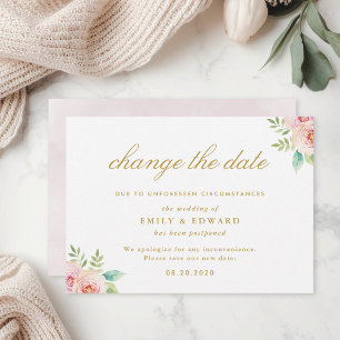 Pink Floral Wedding Change the Date Announcement