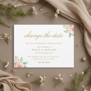 Pink Floral Wedding Change the Date Announcement