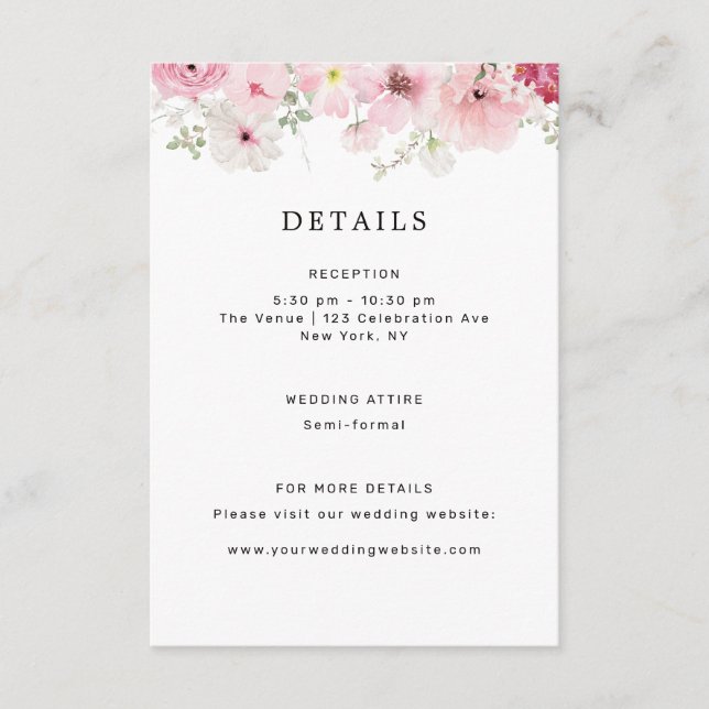Pink Floral Wedding Details Enclosure Card (Front)