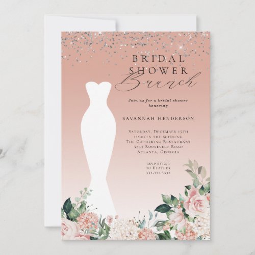 Pink Floral Wedding Dress Bridal Shower Brunch Invitation