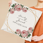 Pink Floral Wedding Elegant Gold Glitter Geometric Throw Pillow<br><div class="desc">Pink Floral Wedding Elegant Gold Glitter Geometric Throw Pillow. The design features an elegant faux gold glitter geometric frame pattern. Overlaid with watercolor pink roses and greenery foliage on two corners. Personalize this template to add your information. Click to customize further to make more changes. Everything is customizable. Need customization...</div>