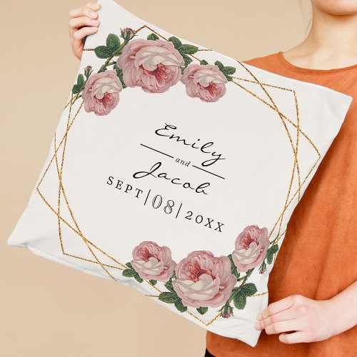 Pink Floral Wedding Elegant Gold Glitter Geometric Throw Pillow