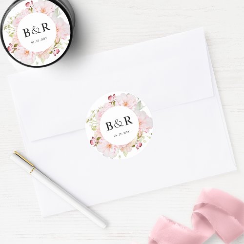 Pink Floral Wedding Envelope Seal  Favor Sticker