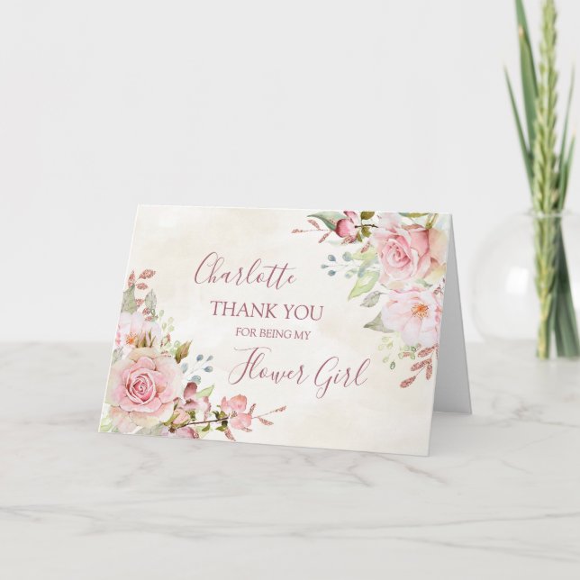 Pink Floral Wedding Flower Girl Thank You Card (Front)