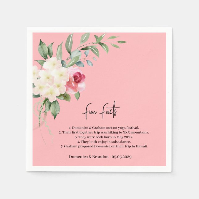 Pink Floral Wedding Fun Facts Napkins (Front)