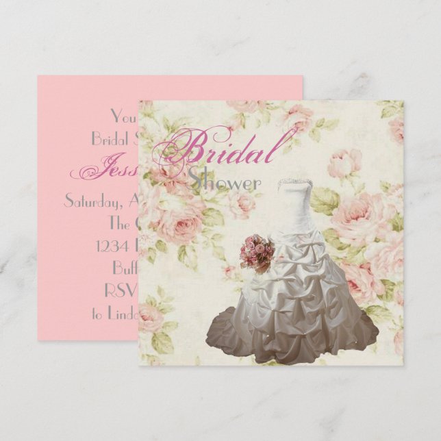 Pink Floral Wedding gown Bridal Shower Tea Party Invitation (Front/Back)