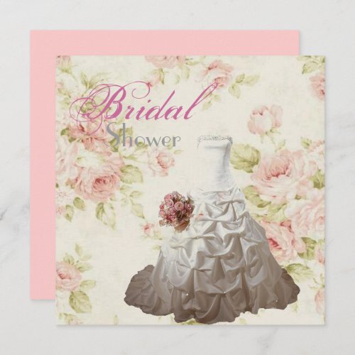 Pink Floral Wedding gown Bridal Shower Tea Party Invitation