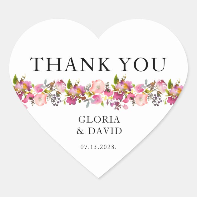 Pink Floral Wedding  Heart Sticker (Front)
