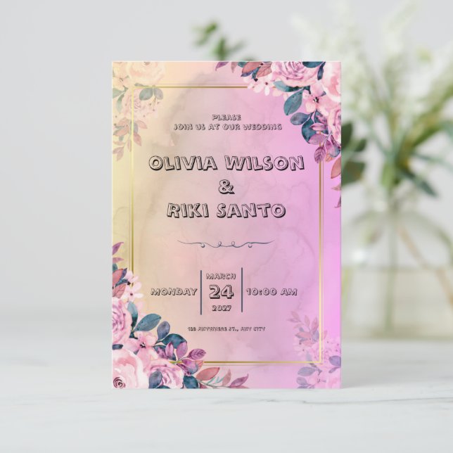 pink floral wedding invitation (Standing Front)